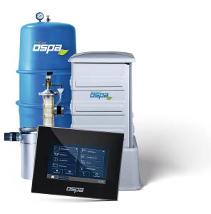 Ein blauer Ospa-Wassertank, eine silberne und graue Filtereinheit und ein schwarzes Touchscreen-Bedienfeld mit Ospa-Schriftzug - ideal für Handwerks- oder Garten- und Landschaftsbauprojekte - vor einem weißen Hintergrund.