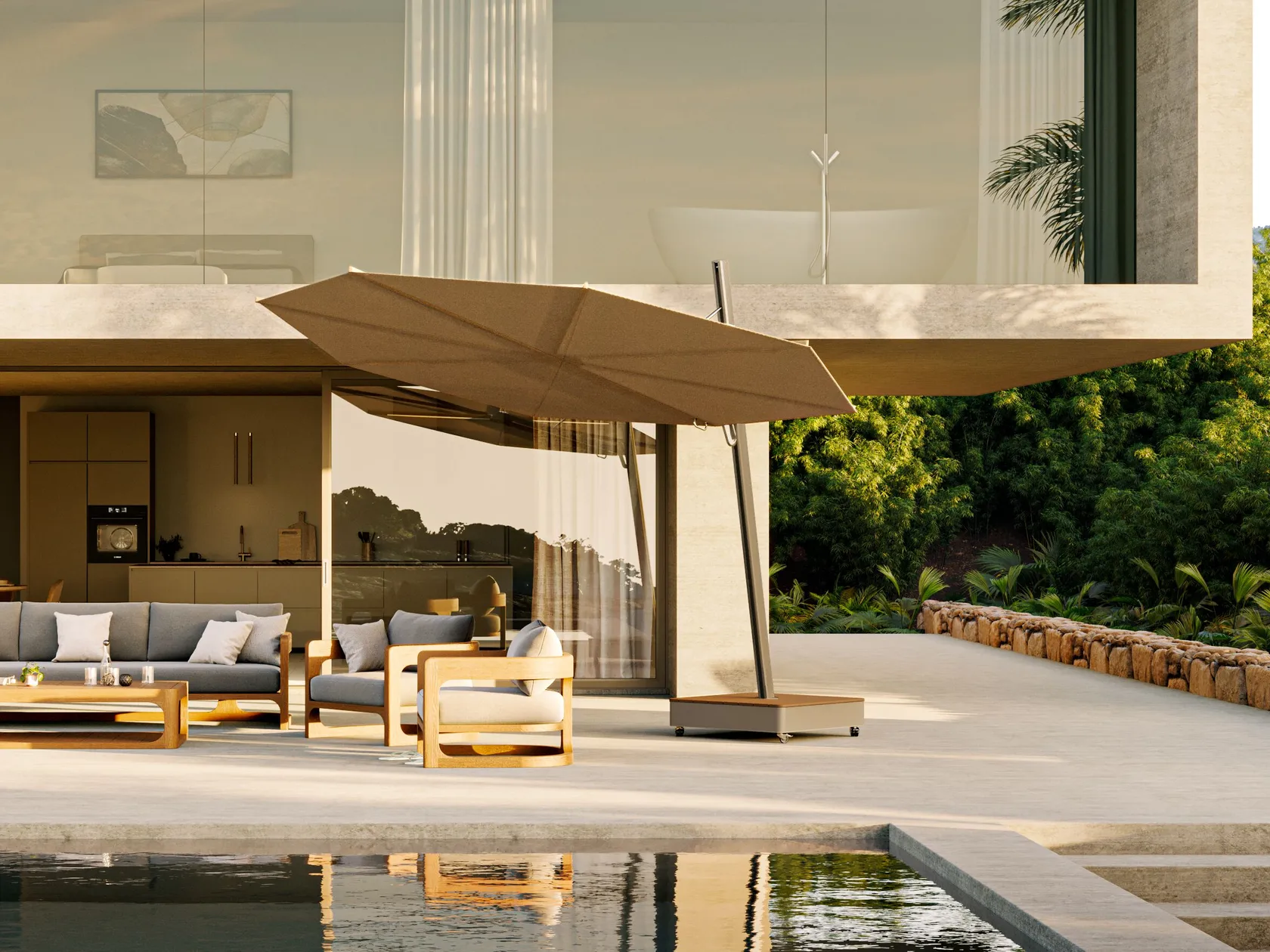 Eine moderne Terrasse mit Burelbach Gartenmöbeln und einem großen braunen Sonnenschirm, neben einem Pool vor einem modernen Haus mit Glaswänden, eingebettet in üppiges Grün und fachmännischen Garten- und Landschaftsbau.