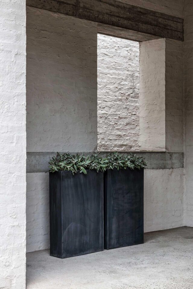 Eine minimalistische Innenraumszene mit einer strukturierten weißen Ziegelwand, einem rechteckigen Fenster und zwei hohen, dunklen Pflanzgefäßen von Gardendesign mit grünen Blattpflanzen, die nebeneinander auf einem Betonboden stehen.