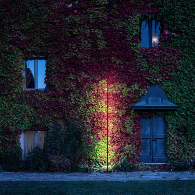 Eine mit dichtem roten und grünen Efeu bewachsene Hausfassade mit zwei Fenstern und einer geschlossenen blauen Tür. Eine Straßenlaterne beleuchtet sanft ein Stück Efeu und setzt so ein farbiges Highlight - eine einladende Szene, die an das klassische Handwerk in Luxemburg und Deutschland erinnert.