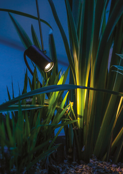 Ein schwarzer Scheinwerfer beleuchtet nachts hohe grüne Blätter und Pflanzen und wirft warmes gelbes und kühles blaues Licht auf das Blattwerk über einem Felsenbett - eine inspirierende Szene für den Garten- und Landschaftsbau in Luxemburg und Deutschland.