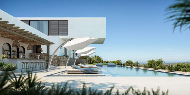 Moderne Villa mit schlichtem weißem Äußeren, einer Poolbar, Liegestühlen und großen Sonnenschirmen am langen Swimmingpool, umgeben von üppigem Grün und elegantem Gartendesign unter einem klaren blauen Himmel.