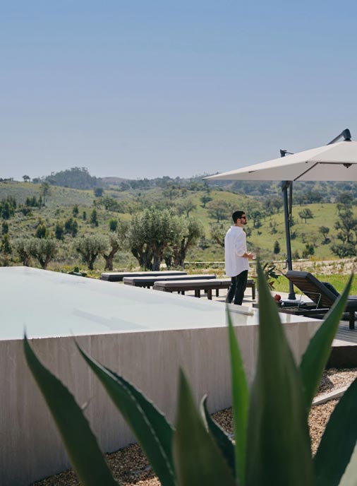 Ein Mann steht an einem modernen Pool unter einem großen weißen Sonnenschirm, umgeben von Gartenmöbeln und Liegestühlen, mit grünen Hügeln und Bäumen im Hintergrund. Große Agavenpflanzen vervollständigen das elegante Gardendesign. Der klare blaue Himmel vervollständigt diese heitere Szene.