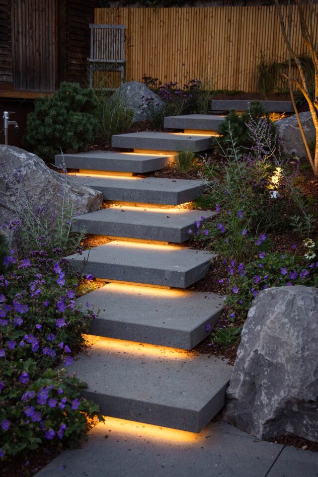 Betontreppen mit warmen gelben Lichtern unter jeder Stufe, die von Burelbach Garten- und Landschaftsbau hergestellt wurden, führen durch einen Landschaftsgarten mit lila Blumen, Steinen und grünen Sträuchern, der in der Abenddämmerung eine gemütliche und einladende Atmosphäre im Freien schafft.
