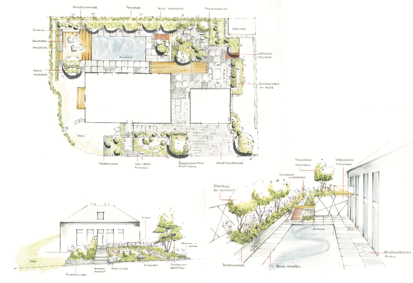 Handgezeichneter Landschaftsplan von Burelbach Garten- und Landschaftsbau, der ein Gebäude mit Terrassen, Gehwegen, Grünanlagen, Pool, Gartenelementen und Gartenmöbeln zeigt; mit zwei Perspektiven, die bepflanzte Bereiche und architektonische Elemente hervorheben.