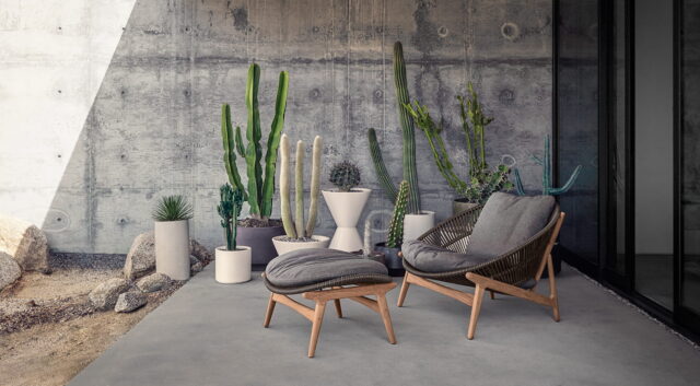 Eine moderne Terrasse mit Burelbach Gartenmöbeln, mit einem grauen gepolsterten Loungesessel und einer Ottomane, umgeben von getopften Kakteen und Sukkulenten, vor einer Betonwand und einem großen Glasfenster.