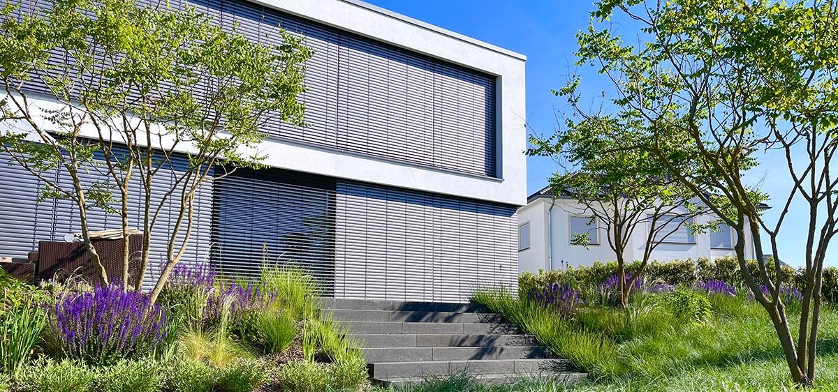 Modernes Haus mit großen horizontalen Fensterläden, umgeben von grünem Gras, Sträuchern und lila Blumen. Betontreppen führen unter blauem Himmel zum Eingang hinauf. Bäume mit schlanken Stämmen zeugen von fachmännischem Gardendesign.