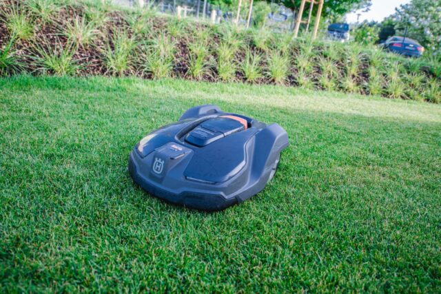 Ein schwarzer Rasenmähroboter bewegt sich über einen grünen Rasen und unterstreicht das Gartendesign. Im Hintergrund sind ordentlich gestutzte Pflanzen und geparkte Autos zu sehen, die einen modernen Außenbereich in Luxemburg und Deutschland zeigen.