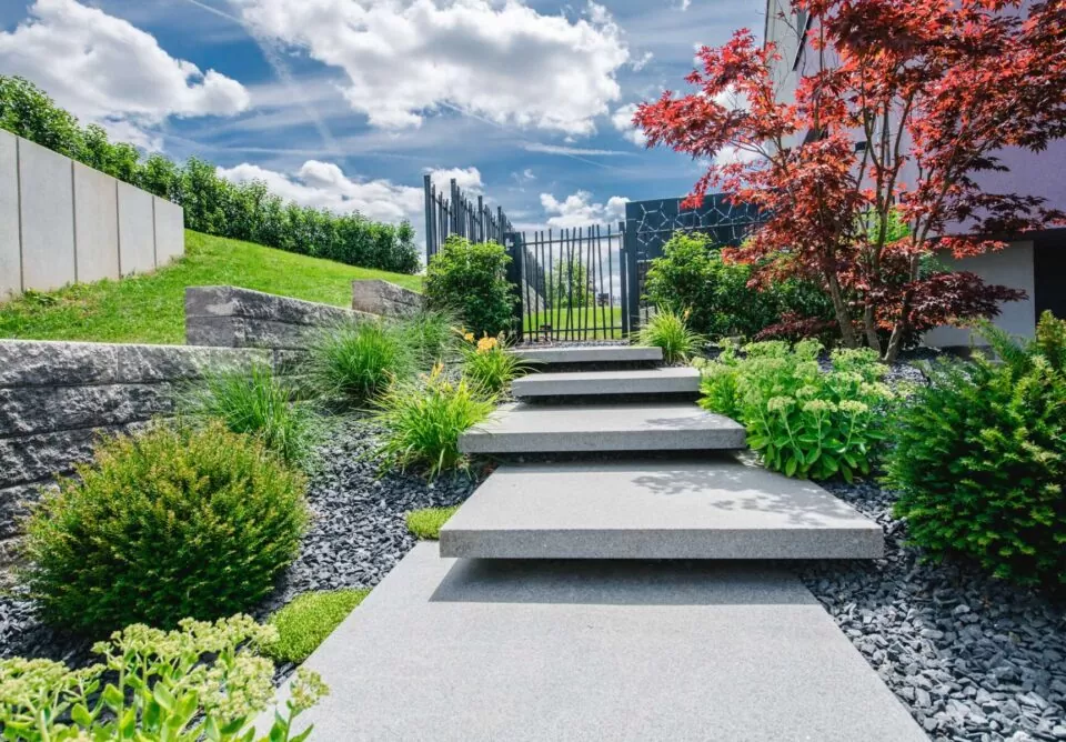 Moderner Gartenweg aus Stein mit Grünpflanzen und einem rotblättrigen Baum, der zu einem schwarzen Metalltor unter blauem Himmel führt - ein Beispiel für eleganten Gartenbau in Deutschland oder Luxemburg.